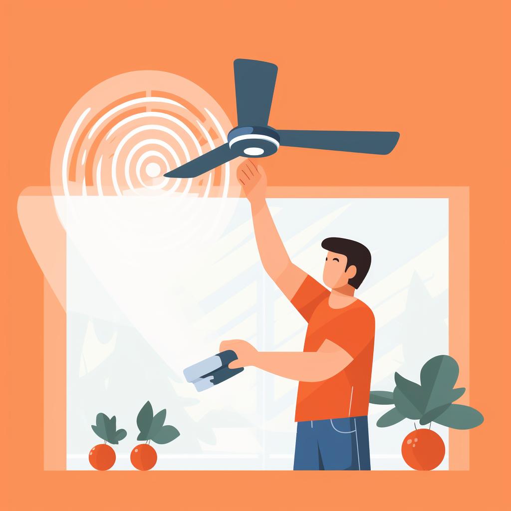 Person cleaning a ceiling fan with a microfiber cloth